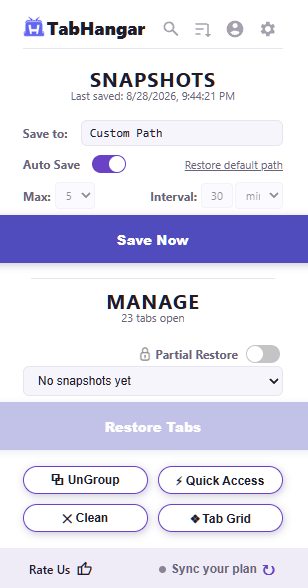 TabHangar popup with Custom Path, Auto Save, Save Now, and restore controls.