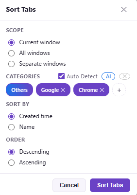 Sort Tabs dialog with Current window scope and basic sorting controls.