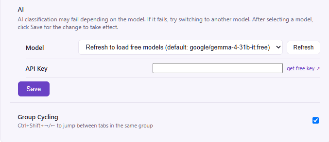 Settings showing AI model configuration and enabled Group Cycling.