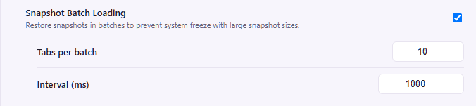 Settings showing Snapshot Batch Loading enabled with batch size and interval.