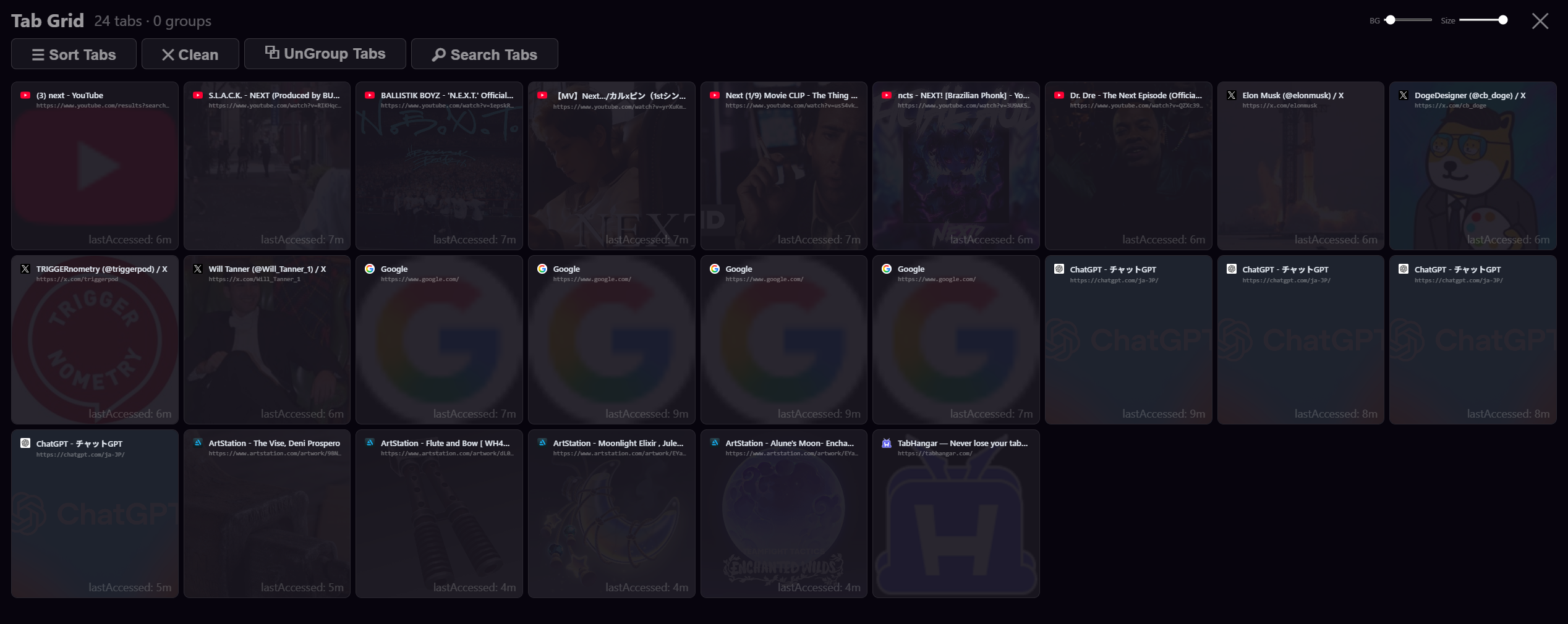 Tab Grid displaying open tabs as a full-screen visual workspace with sorting, cleaning, grouping, and search controls.
